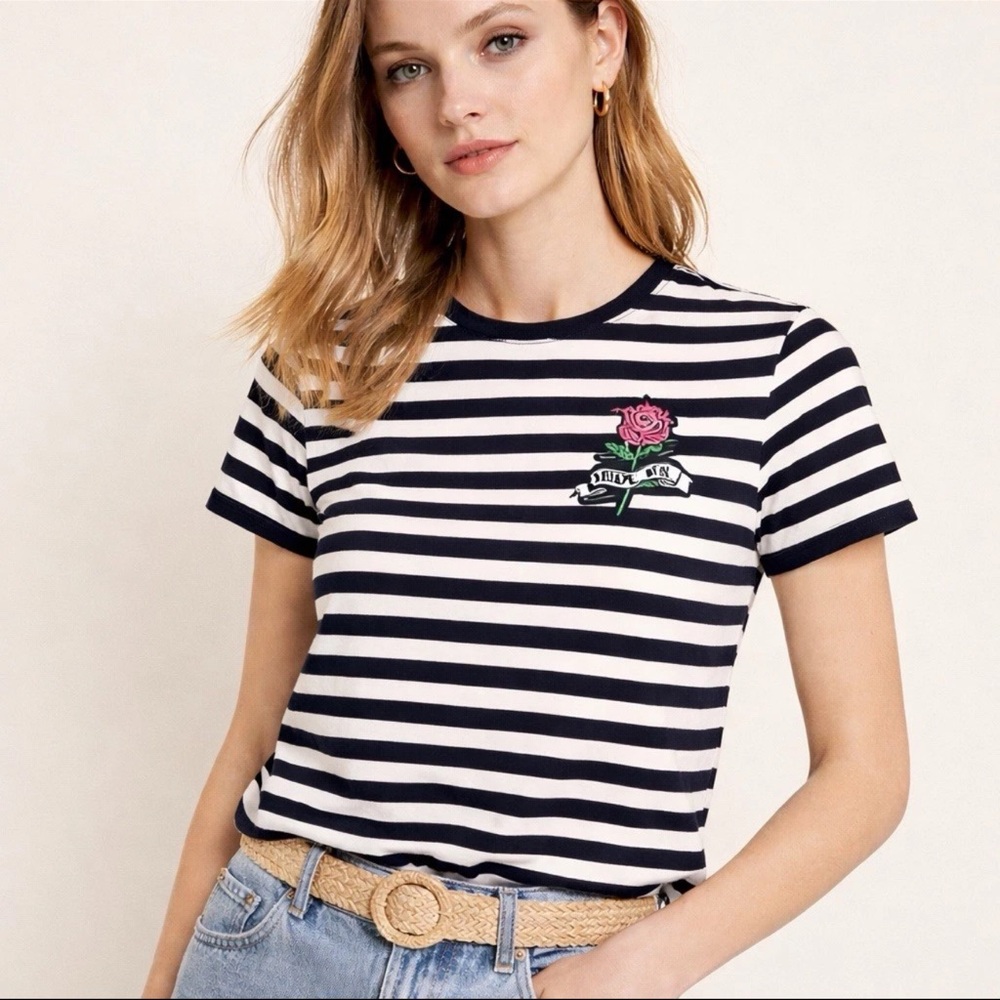 Sandro Paris Navy White Striped Tee Size 1 Small – Rose “Never Die” Embroidery